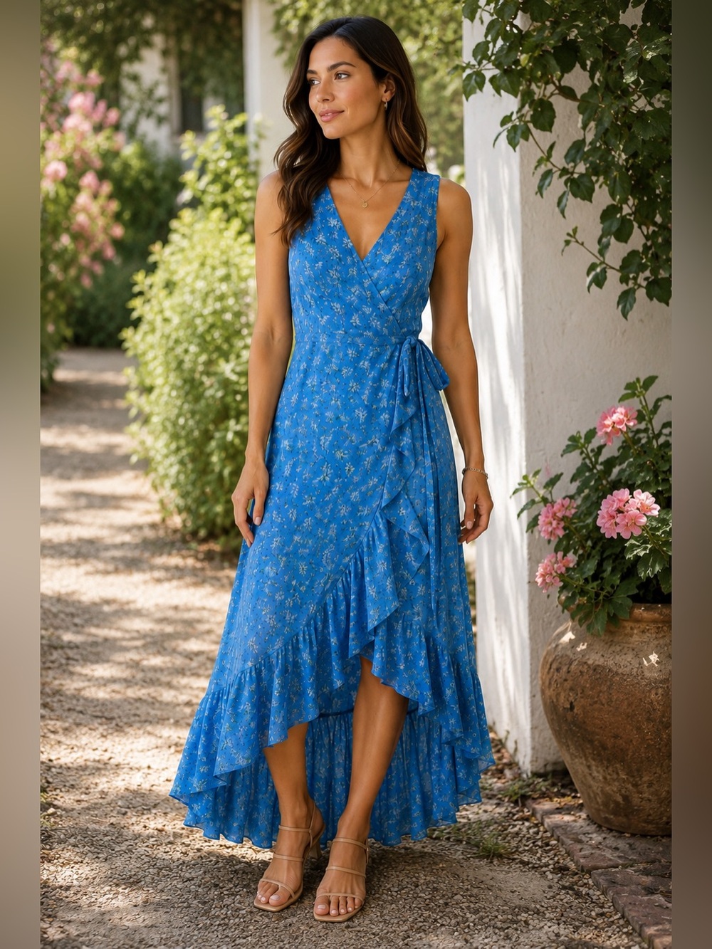 April Cornell Blue Floral Rayon Wrap Maxi Dress XXS Ruffle Hem Boho NWOT